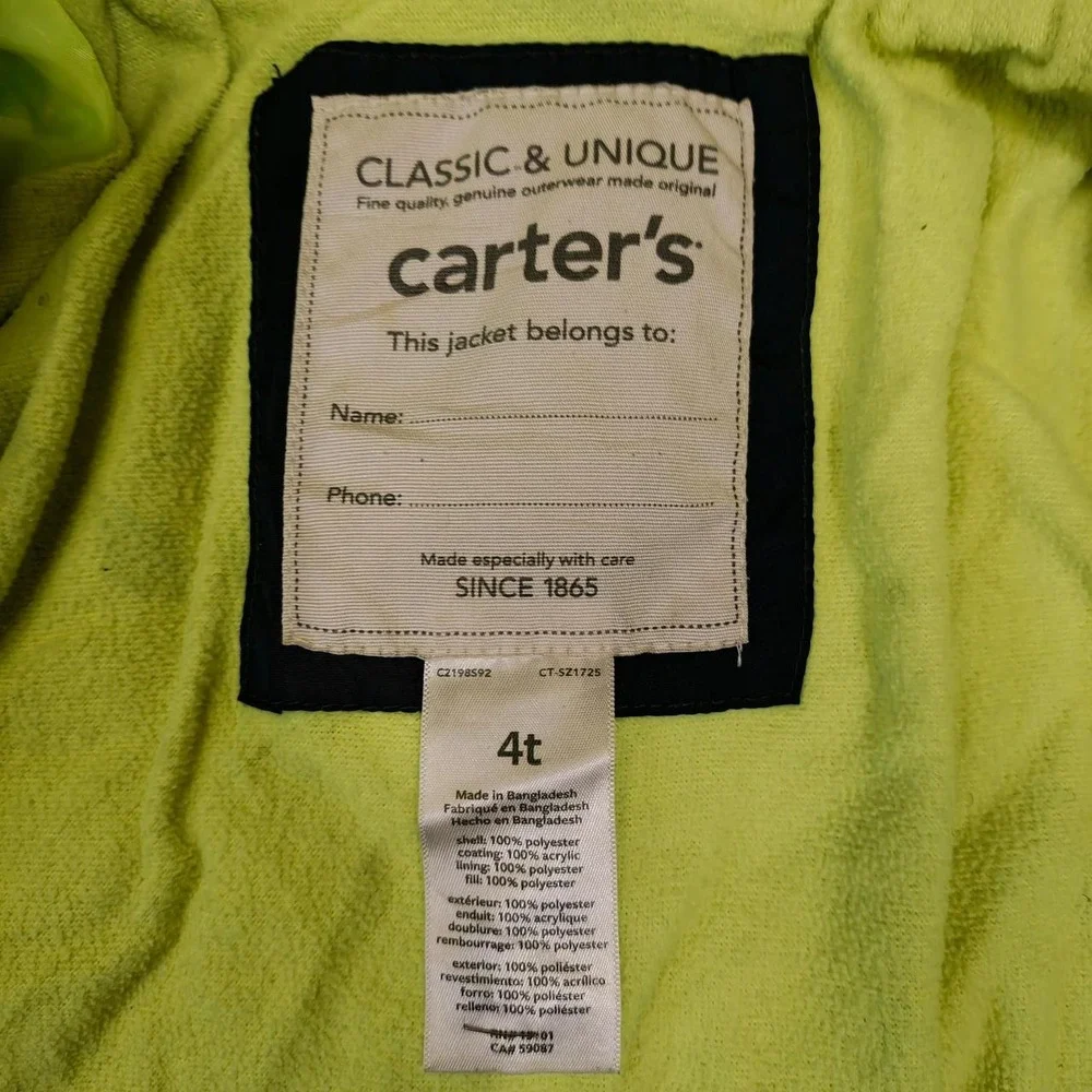 Carters Kids Green Dinosaur Puffer Jacket Hooded Winter Coat 4T
